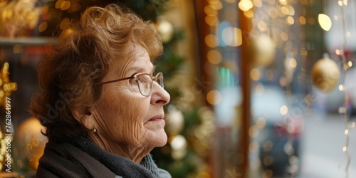 Elderly lady looking pensively at Christmas lights, reflecting warmth and nostalgia. © tashechka