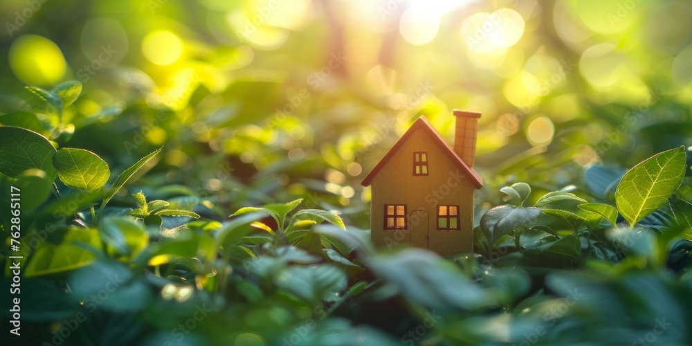 A charming miniature house nestled in a lush green garden bathed in warm sunlight, symbolizing eco-living. A charming miniature house nestled in a lush green garden bathed in warm sunlight, symbolizing eco-living.
