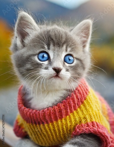 Portrait of a cute gray kitten with blue eyes wearing a thick bright sweater © RAYNAN