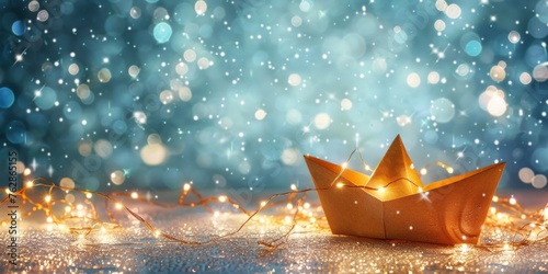 A magical paper boat adorned with fairy lights rests on a glittery surface against a dreamy bokeh background.