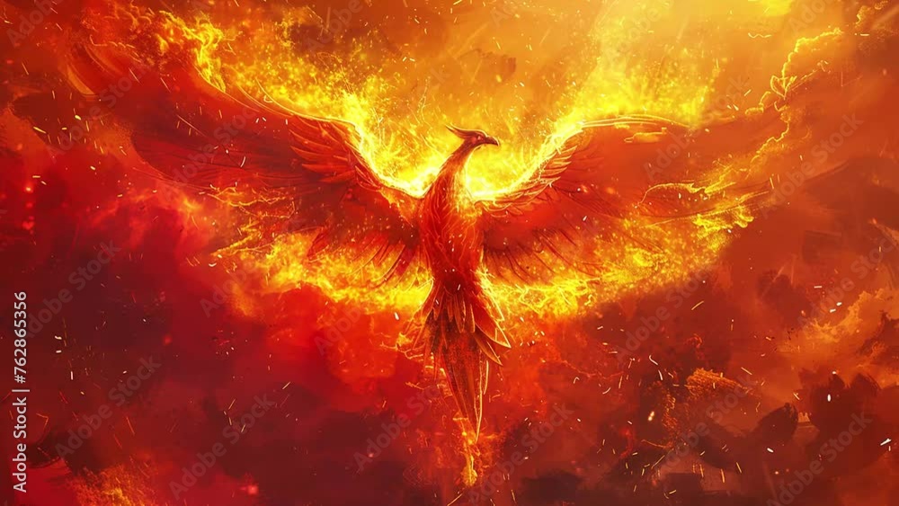 digital painting of a majestic phoenix. illustration of majestic phoenix. seamless looping overlay 4k virtual video animation background