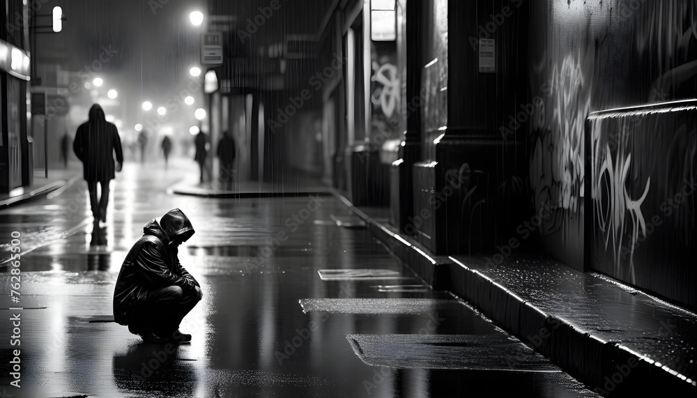 A person walking in the rain in a city, holding an umbrella and wearing a black jacket