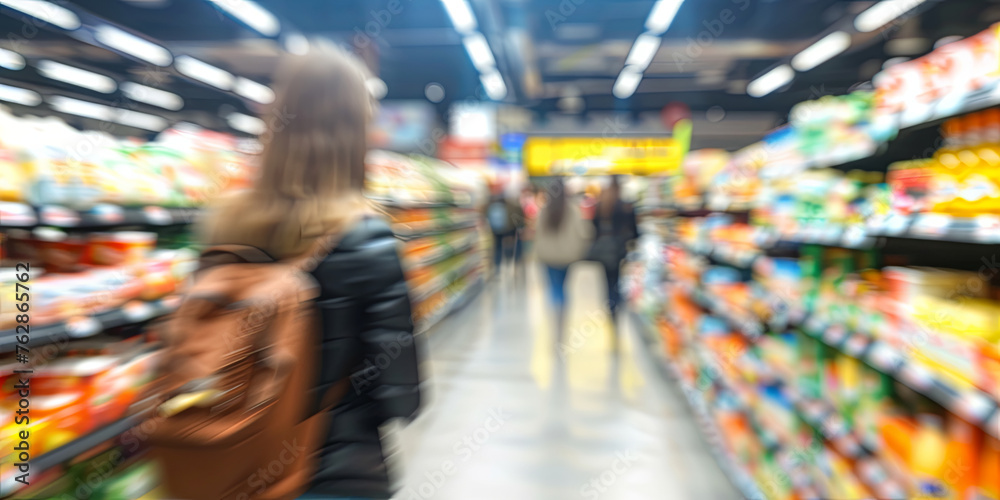 blurred background of a supermarket with a woman walking in the foreground, generative AI