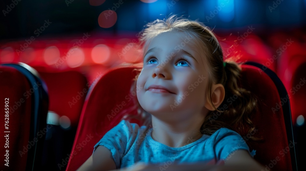 Captivated young girl with a look of wonder on her face watching a movie at a cinema, illuminated by screen glow.