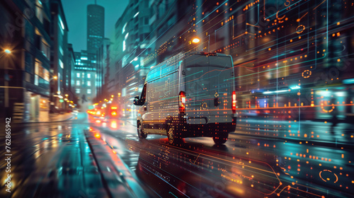 van courier in street city with virtual cyber concept