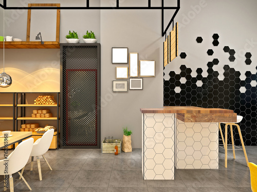 3d render bakery coffee shop interior