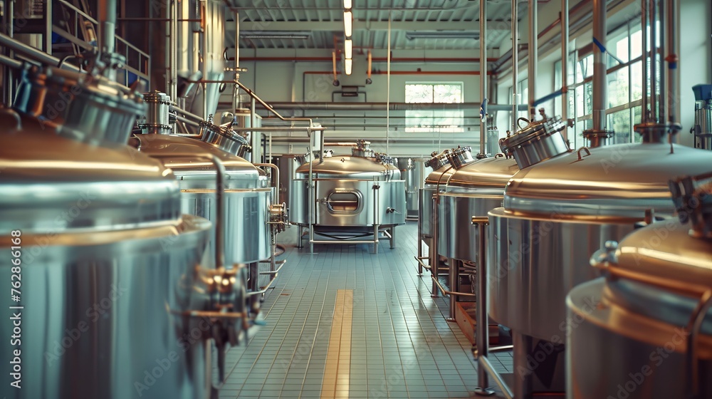Shiny stainless steel equipment in a vacant craft brewery