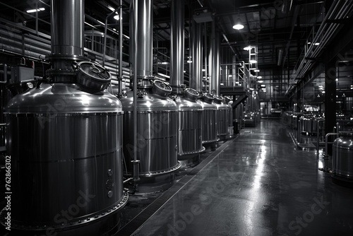 Modern distillery interior with rows of clean stainless steel vats and pipes