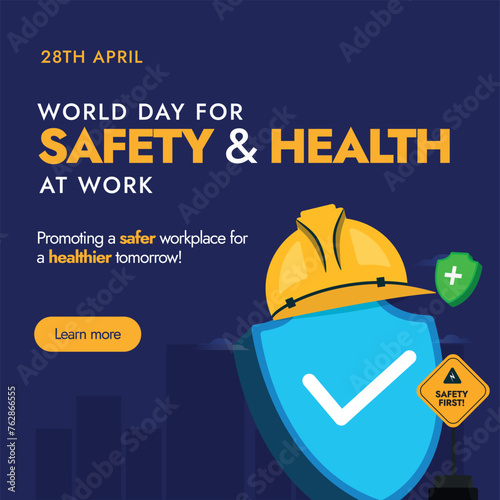 World Day for Safety and Health at Work. 28th April World day for safety and health at work awareness banner with protection shield and helmet on it. Providing aids, equipment's for workers safety.