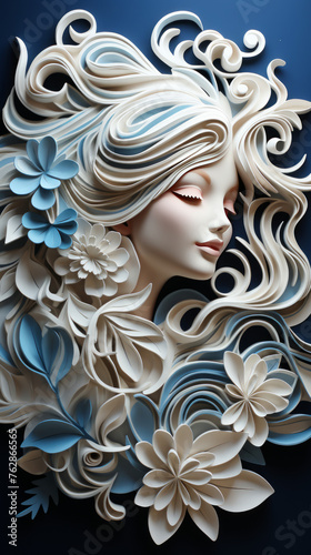 Paper Art Floral Design: Serene Woman Profile in Blue and White
