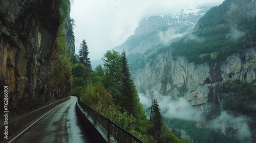 beautiful road with fog and mountain nature view