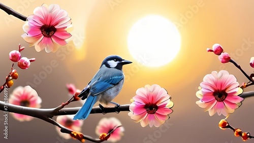 bird on a branch with sunshine