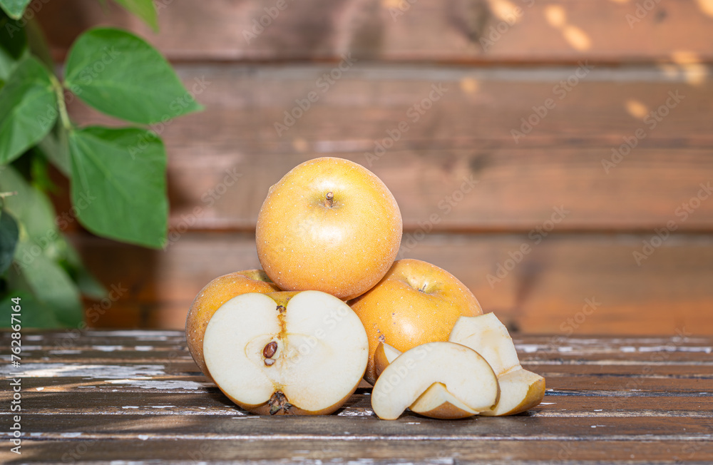 Crisp freshly picked local apples rustic brown Russetts cut open to expose white flesh on a table outside with warm sunlight Crisp freshly picked local apples rustic brown Russetts cut open to expose white flesh on a table outside with warm sunlight