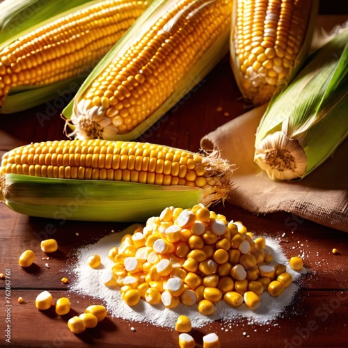 Fresh corn with corn meal and corn flour, processed cooking ingredients