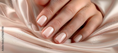 Trendy close up of elegant woman s hand with stylish white nail polish for a chic look