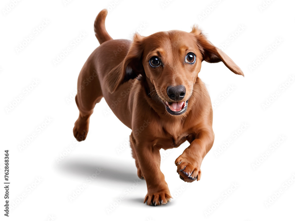 dachsund in motion, playing, running towards camera isolated on transparent background.