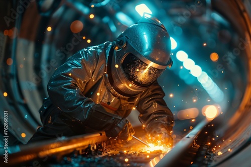 Engineer in exosuit welding hyperloop track, sparks flying, night, dramatic backlighting, actionpacked angle