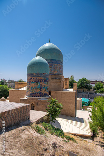 Beautiful turquoise domes of mausoleums of Shahi Zinda, Samarkand, Uzbekistan. photo