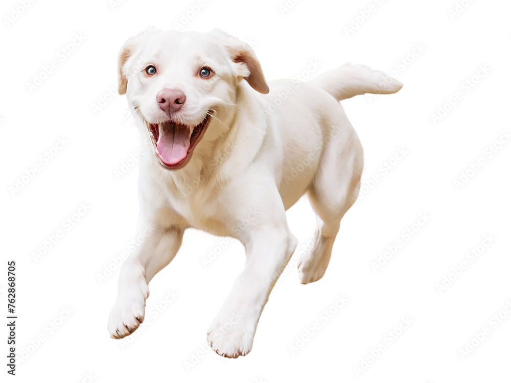 labrador in motion, playing, running towards camera isolated on transparent background