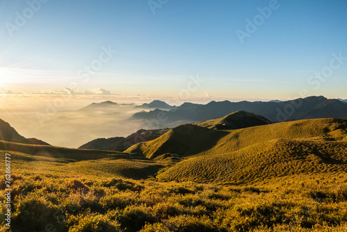 Amazing light at sunrise on the Nenggao Historical Trail, Nantou, Taiwan photo