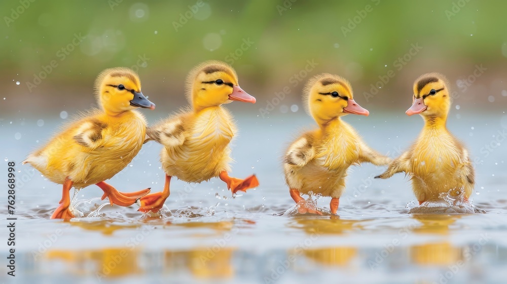 Adorable ducklings joyfully waddling by a shimmering pond in a picturesque natural environment Adorable ducklings joyfully waddling by a shimmering pond in a picturesque natural environment