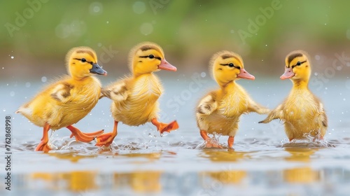 Adorable ducklings joyfully waddling by a shimmering pond in a picturesque natural environment