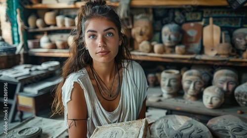 Young anthropologist in a workshop surrounded by cultural artifacts