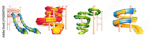 Waterslide and tubes color vector icon big set. Slides of different shape at aquapark illustration pack isolated on white background