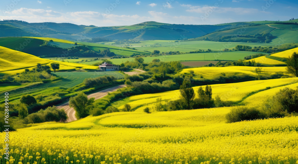 Obraz premium Spring rapeseed yellow blooming fields panoramic view, blue sky with clouds in sunlight. Natural seasonal, good weather, climate, eco, farming, countryside beauty concept
