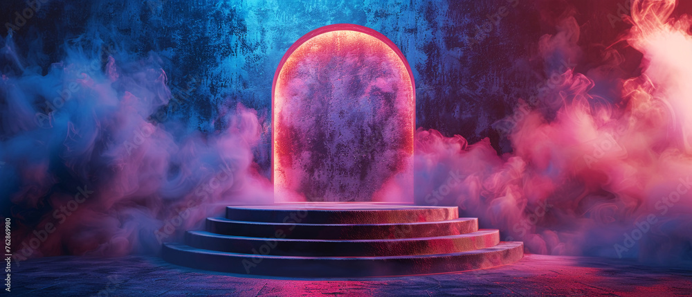 Mystical Stage with Ethereal Pink and Blue Smoke - obrazy, fototapety, plakaty 