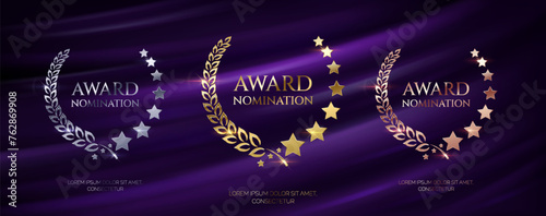 Laurel wreathes for award nominations realistic vector illustration set. Golden silver and bronze prizes 3d models on purple curtain background