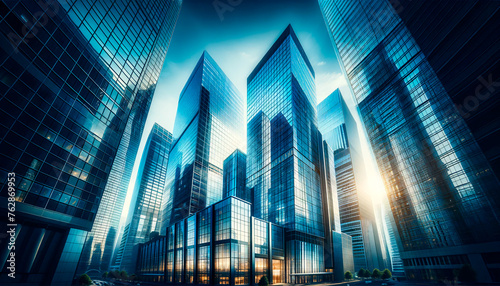 Slightly stylized view of reflective skyscrapers in a modern city  emphasizing architectural beauty and urban grandeur.