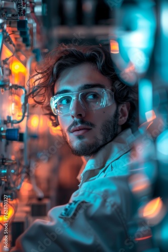 Young nuclear physicist working amidst advanced atomic energy systems