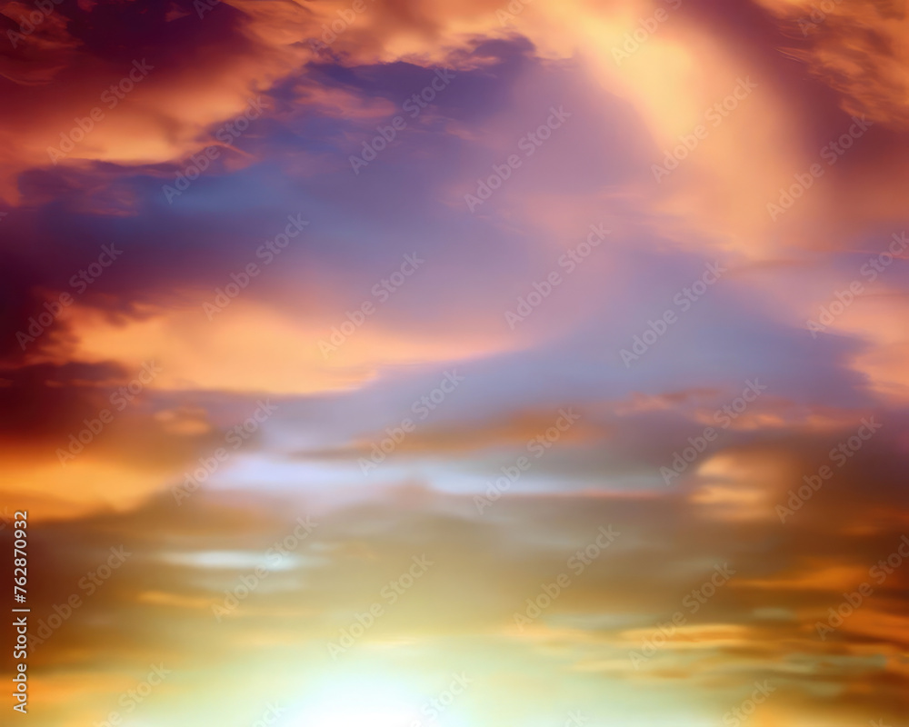 Sunset sky with reflections in water, sunlight and colored orange clouds