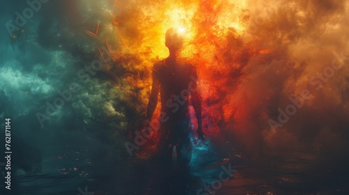 A person standing with their back to the camera arms outstretched and head tilted back. The light shining from their heart chakra is so bright its visible through their chest photo