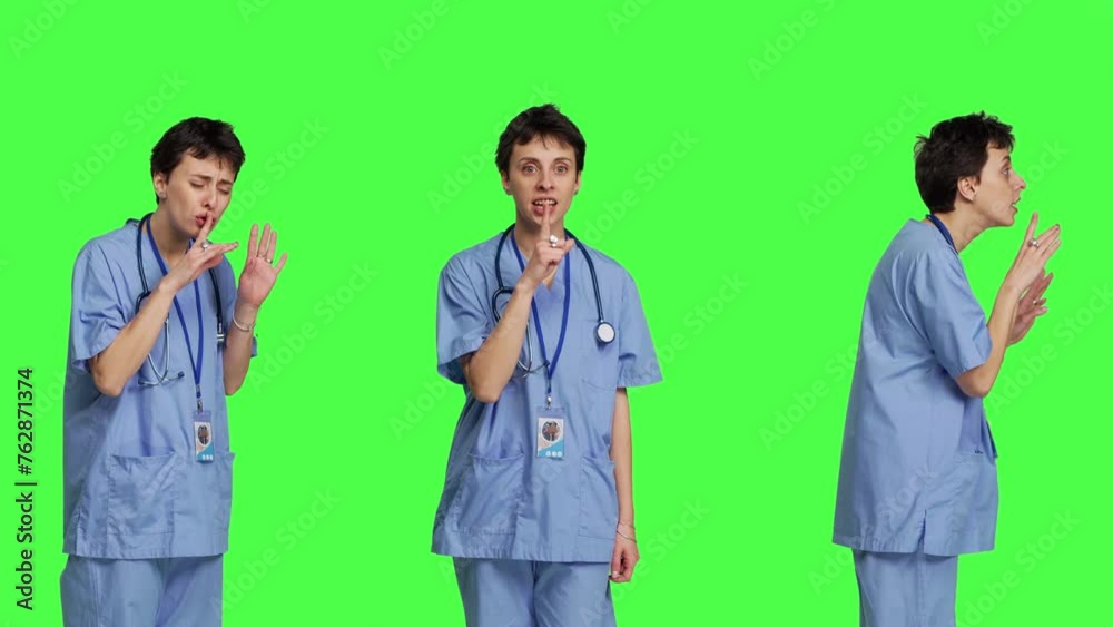 Medical assistant asking to keep quiet and be silent against greenscreen, showing hush mute symbol to keep privacy and silence. Young nurse showing secrecy taboo sign. Camera B.