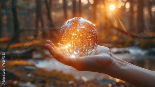 A hand reaching out to touch a floating orb representing the connection between the physical and metaphysical realms. photo