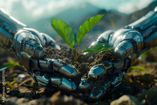 Metal hands, soil and young seedling, symbolizing the combination of nature and technology that can work together for sustainable development or our hope that technology will make human life better.
