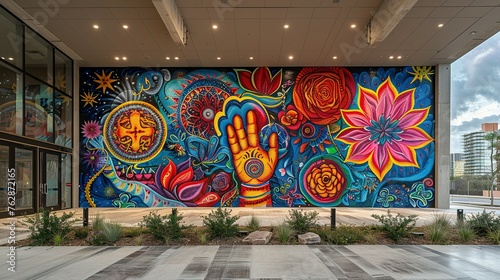 Show a mural wall that blends symbols from multiple religions into one cohesive artwork