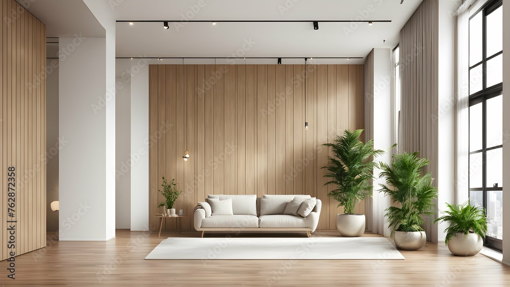 Modern Empty Living Room: White Wall, Wooden Paneling - 3D Rendering Modern Empty Living Room: White Wall, Wooden Paneling - 3D Rendering