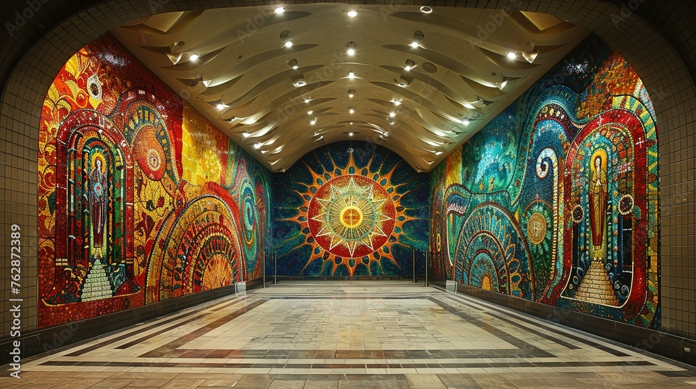 Show a mural wall that blends symbols from multiple religions into one cohesive artwork Show a mural wall that blends symbols from multiple religions into one cohesive artwork