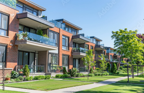 A photo shows the exterior front view of new townhouses with glass balconies  brick walls and greenery on an urban street during a summer day
