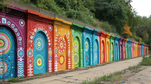 Show a mural wall that blends symbols from multiple religions into one cohesive artwork