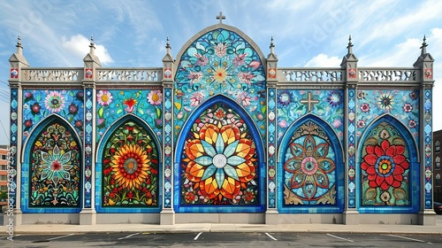 Show a mural wall that blends symbols from multiple religions into one cohesive artwork
