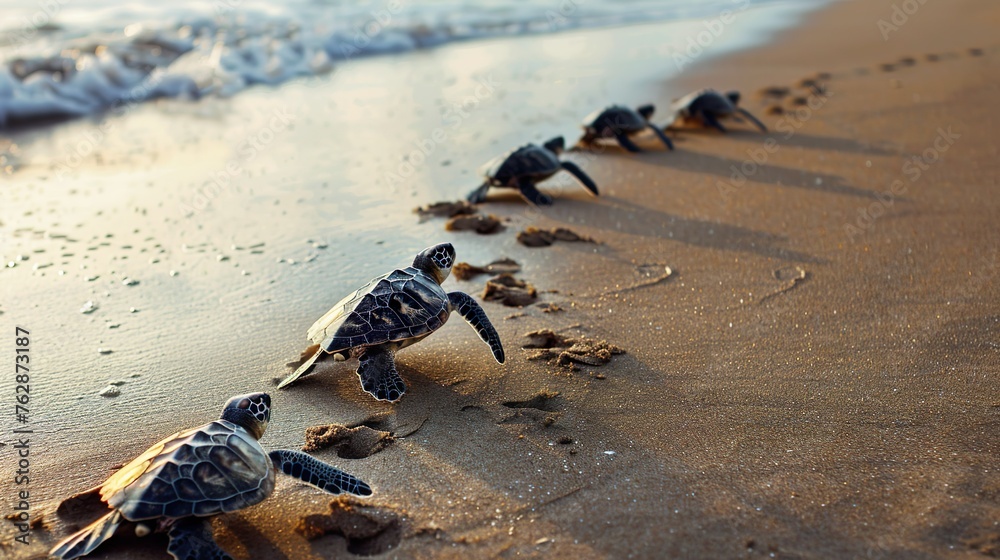 Obraz premium A group of sea turtles making their way across the sandy beach