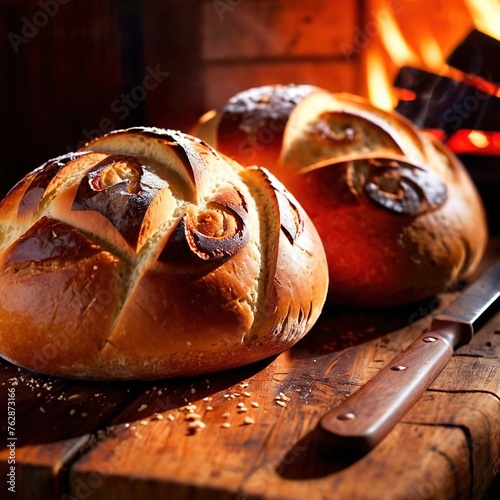 Artesenal resh baked bread from traditional old fashioned wood fired oven photo