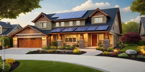 A high-end suburban home designed with eco-friendly features, featuring a photovoltaic system on its roof with solar panels on the gable roof and driveway, surrounded by a gorgeous landscaped yard. photo