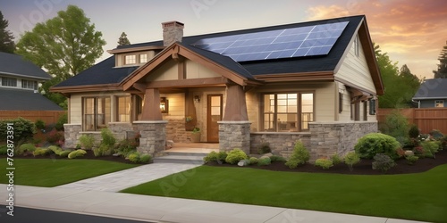 A high-end suburban home designed with eco-friendly features, featuring a photovoltaic system on its roof with solar panels on the gable roof and driveway, surrounded by a gorgeous landscaped yard.