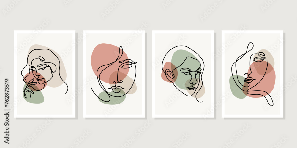 Set of abstract modern contamporary face portrait. Hand drawn vector illustration in modern minimal style. Continuous line art design for print, cover, wallpaper, Minimal and natural wall art.