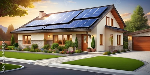 A smartly designed house featuring a photovoltaic system on the roof, complete with a picturesque driveway and landscaped yard that beautifully complement its solar panels on the gable roof.